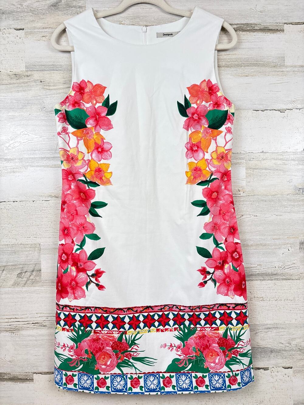 Desigual Womens S/M White Multi Floral Mini Shift Dress Designer